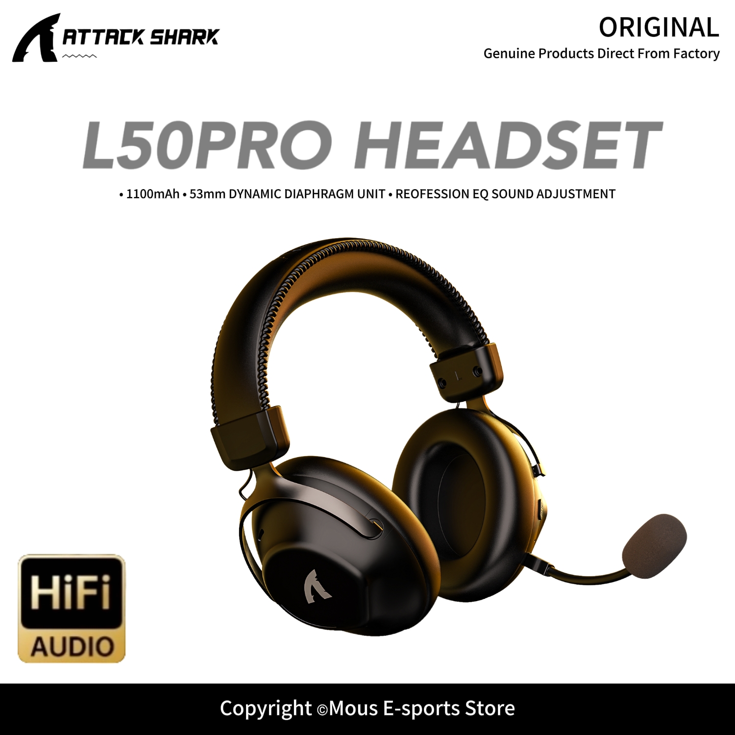 Esports Gaming Gear - ATTACK SHARK L50PRO：トリモード対応ワイヤレスヘッドセット。取り外し可能なマイク、臨場感あふれる3Dオーディオ、eスポーツやFPSゲームに最適な、足音を再現するゲーミングヘッドセット。