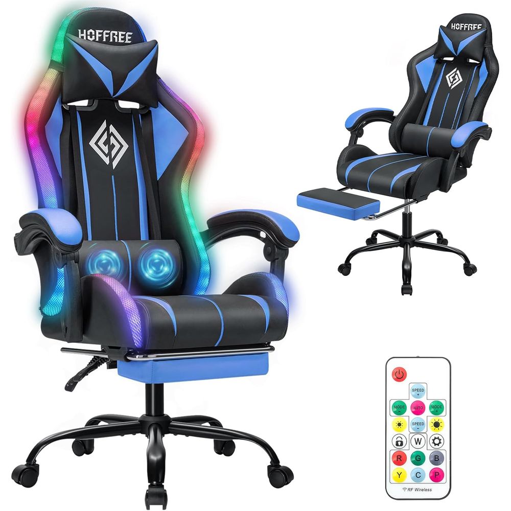 Video Gaming & Esports Usd Acc - マッサージ機能付きLEDゲーミングチェア RGBライト搭載コンピューターゲームチェア-ブルー | 人間工学に基づいたリクライニングゲーマーチェア（ootrestハイバックビデオ付き）