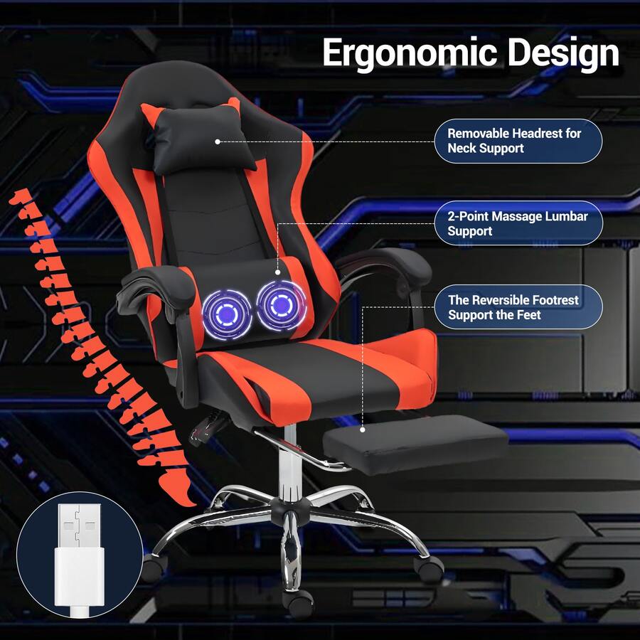 マッサージ機能付きの腰当てを備えたゲーミングチェア - 大人 - Video Gaming & Esports Usd Acc のレビューと価格